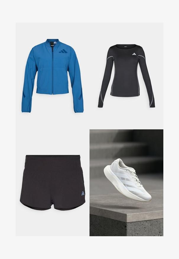 Blaue kurze Jacke mit durchgehendem Reißverschluss, Stehkragen und elastischen Bündchen. Verfügt über zwei horizontale Taschen und ein Logoakzent auf der Brust.; Schwarz langärmliges Sportshirt mit Rundhalsausschnitt und reflektierenden silbernen Nähten. Enthält ein kleines weißes Logo auf der oberen linken Seite.; Schwarze Sportshorts mit strukturierter Oberfläche, ausgestattet mit einem breiten Bund und einem Adidas-Logo in Hellblau am unteren linken Rand.; Weißer Sportschuh mit strukturiertem Obermaterial, drei seitlichen Streifen, gepolsterter Sohle und abgerundetem Zehenbereich, positioniert über einer Betonfläche.