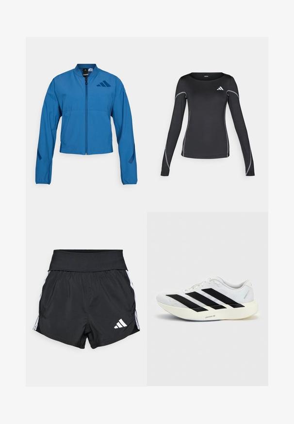 Veste courte bleue avec fermeture éclair à l'avant, col montant et poignets élastiqués. Comprend deux poches horizontales et un logo sur la poitrine.; T-shirt de sport noir à manches longues avec un col rond et des coutures réfléchissantes argentées. Il présente un petit logo blanc en haut à gauche.; Shorts de sport noirs en matériau léger, avec une large taille élastique, des bandes blanches sur les côtés et un petit logo blanc en bas de l'ourlet.; Chaussure de running blanche avec motif trois bandes noires sur le côté et semelle blanche épaisse étiquetée "Lightstrike Pro" sur fond uni.