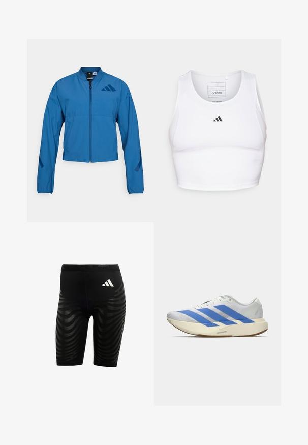 Blå cropped jakke med lynlås foran, stående krave og elastiske manchetter. Har to horisontale lommer og et logo-accent på brystet.; Hvid atletisk crop top lavet af letvægts, åndbart stof. Har mesh-sider og sort broderet logo på brystet.; Sorte sportsbukser med et tekstureret design, der har bølgede striber. Hvidt logo på taljen, lavet af fugttransporterende materiale.; Hvid løbesko med tre blå striber, lys beige tyk sål mærket "Lightstrike Pro," og hvide snørebånd på en ensfarvet baggrund.