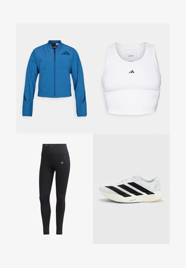 Modrá skrátená bunda so zipsom vpredu, stojacím golierom a elastickými manžetami. Má dve horizontálne vrecká a logo na hrudi.; Biely športový crop top vyrobený z ľahkej, priedušnej tkaniny. Obsahuje sieťované bočné panely a čierne vyšitý logo na hrudi.; Čierne legíny s vysokým pásom, detailom na šnúrku a bočnými vreckami. Vyrobené z hladkej tkaniny s reflexným logom.; Biela bežecká topánka s čiernym dizajnom so tromi pruhmi na boku a hrubou bielou podrážkou označenou "Lightstrike Pro" na jednofarebnom pozadí.