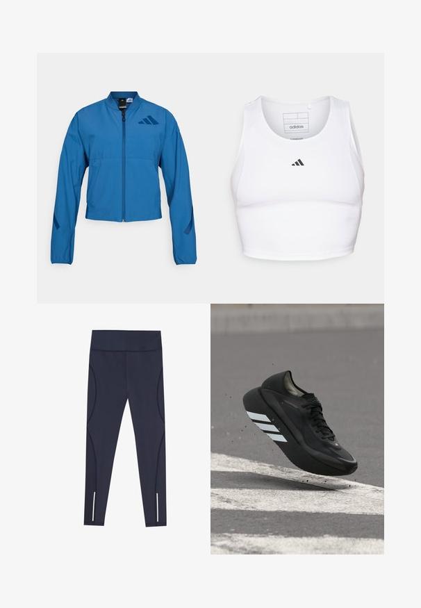 Veste courte bleue avec fermeture éclair à l'avant, col montant et poignets élastiqués. Comprend deux poches horizontales et un logo sur la poitrine.; Crop top de sport blanc en tissu léger et respirant. Présente des panneaux latéraux en mesh et un logo noir brodé sur la poitrine.; Leggings bleu marine en tissu extensible, dotés d'une taille haute et de coutures latérales arrondies, avec des accents réfléchissants au niveau des ourlets des chevilles.; Chaussure de course noire avec des bandes blanches sur la semelle, flottant au-dessus de l'asphalte avec des marquages routiers blancs, soulevant de petits débris.