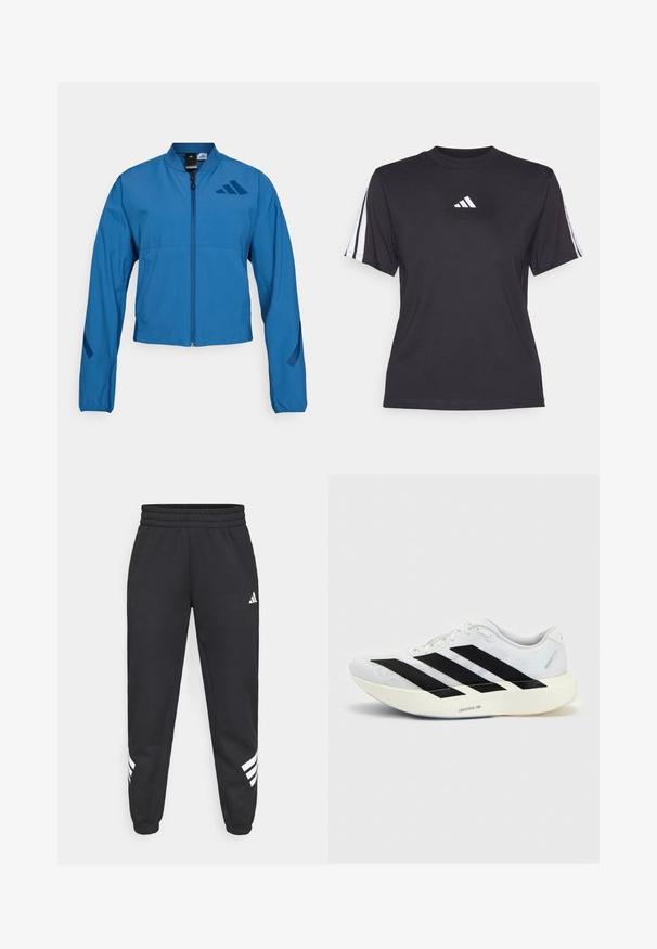 Blauwe korte jas met ritssluiting aan de voorkant, opstaande kraag en elastische manchetten. Heeft twee horizontale zakken en een logo-accent op de borst.; Zwarte sport T-shirt van zacht materiaal, met een ronde hals, korte mouwen en drie witte strepen op elke schouder. Witte logo op de borst.; Zwarte sweatpants met een elastische tailleband, taps toelopende benen en een wit drie-strepenontwerp aan de zijkanten. Gemaakt van zachte stof.; Witte hardloopschoen met zwart drie-strepen ontwerp aan de zijkant en dikke witte zool met label "Lightstrike Pro" op een effen achtergrond.