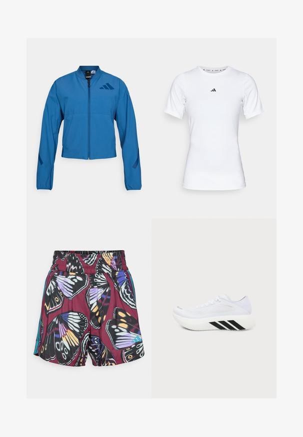 Veste courte bleue avec fermeture éclair à l'avant, col montant et poignets élastiqués. Comprend deux poches horizontales et un logo sur la poitrine.; T-shirt de sport blanc à manches courtes, fabriqué en tissu lisse et extensible. Doté d'un petit logo noir Adidas sur la poitrine.; Un short orné d'un imprimé papillon vibrant dans des nuances de violet, noir et orange. Taille élastique avec de subtils accents latéraux en turquoise.; Chaussure de sport blanche avec une semelle épaisse, des rayures diagonales noires sur la semelle intermédiaire, une tige en mesh et des lacets, vue de profil sur un fond uni.