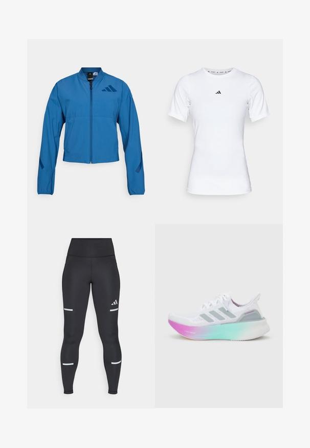 Blå cropped jakke med lynlås foran, stående krave og elastiske manchetter. Har to horisontale lommer og et logo-accent på brystet.; Hvid atletisk skjorte med korte ærmer, lavet af glat, strækbart stof. Har et lille sort Adidas-logo på brystet.; Sorte leggings med høj talje, lavet af glat materiale. Har hvide reflekterende striber nær knæene og et Adidas-logo.; Hvid Adidas løbesko med lys blå og pink gradient sål, tre grå sidestriber og overdel i strikstof med snørebånd.