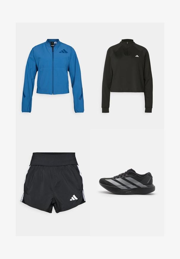 Blå cropped jakke med lynlås foran, stående krave og elastiske manchetter. Har to horisontale lommer og et logo-accent på brystet.; Sort quarter-zip trøje lavet af glat stof med lange ærmer, med en høj krave og et hvidt logo på venstre bryst.; Sorte atletiske shorts lavet af letvægtsmateriale, med en bred talje, hvide sidelister og et lille hvidt logo nederst på sømmen.; Sort løbesko med sølvstriber, tyk polstret sål mærket "Lightstrike Pro," set fra siden på hvid baggrund.