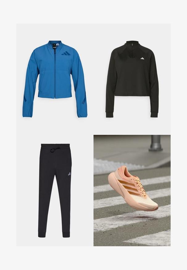 Veste courte bleue avec fermeture éclair à l'avant, col montant et poignets élastiqués. Comprend deux poches horizontales et un logo sur la poitrine.; Pull-over noir à zip quart, en tissu lisse, avec des manches longues, présentant un col haut et un logo blanc sur la poitrine gauche.; Pantalons de sport noirs en tissu doux, avec une taille à cordon, des jambes fuselées et un petit logo Adidas blanc sur la cuisse gauche.; Chaussure de course pêche claire avec des bandes orange, en l'air au-dessus d'un passage piéton texturé sur une route asphaltée.