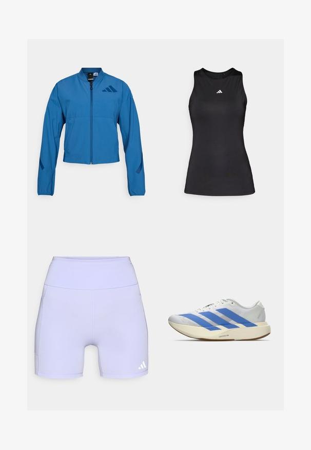 Chaqueta azul corta con cierre frontal de cremallera, cuello alto y puños elásticos. Cuenta con dos bolsillos horizontales y un logo en el pecho.; Top deportivo negro sin mangas hecho de una tela suave. Presenta un escote redondo y un pequeño logo blanco de Adidas en el pecho.; Shorts deportivos lilas hechos de una tela elástica, con una cintura alta y costuras laterales, y un acento de logo blanco en el lado inferior.; Zapatilla blanca para correr con tres rayas azules, suela gruesa beige claro etiquetada con "Lightstrike Pro," y cordones blancos sobre un fondo sencillo.