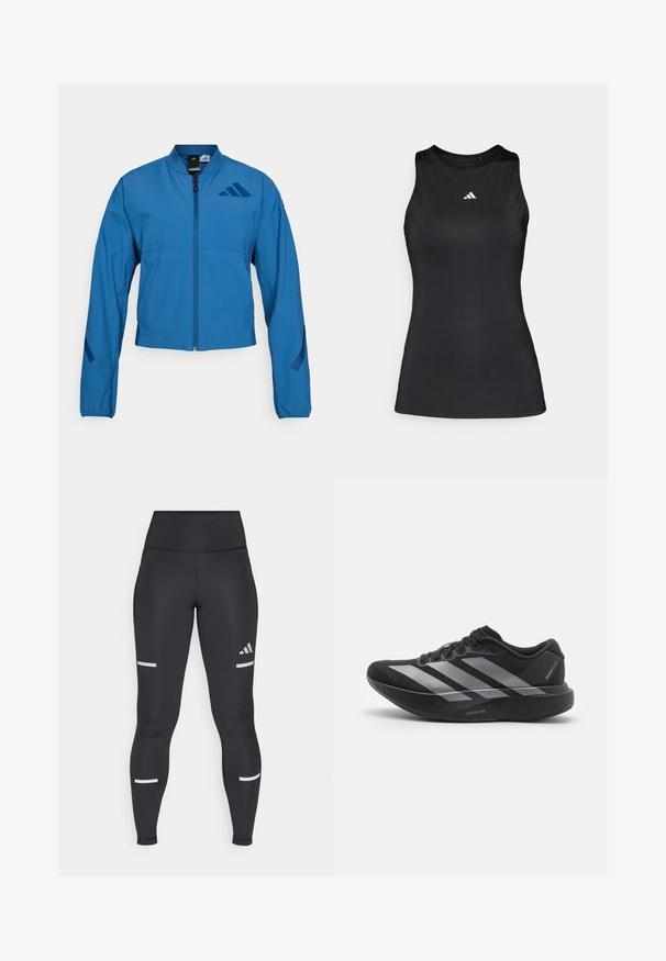 Blå cropped jakke med lynlås foran, stående krave og elastiske manchetter. Har to horisontale lommer og et logo-accent på brystet.; Sort ærmeløs atletisk top lavet af glat stof. Har en rund halsudskæring og et lille hvidt Adidas-logo på brystet.; Sorte leggings med høj talje, lavet af glat materiale. Har hvide reflekterende striber nær knæene og et Adidas-logo.; Sort løbesko med sølvstriber, tyk polstret sål mærket "Lightstrike Pro," set fra siden på hvid baggrund.