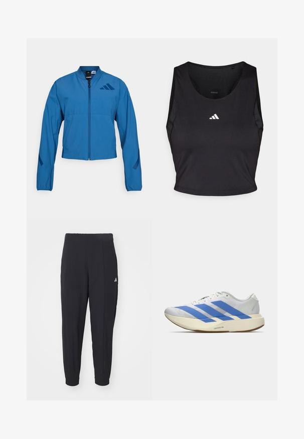 Blaue kurze Jacke mit durchgehendem Reißverschluss, Stehkragen und elastischen Bündchen. Verfügt über zwei horizontale Taschen und ein Logoakzent auf der Brust.; Schwarzes Sport-Crop-Top aus feuchtigkeitsableitendem Material, mit rundem Halsausschnitt, ärmellosem Design und weißem Logo auf der Brust.; Schwarze Sporthosen aus einem glatten Stoff. Tapered-Design mit elastischen Bündchen. Mit kleinem weißen Logo an der linken Hüfte.; Weißer Laufschuh mit drei blauen Streifen, hellbeiger dicker Sohle mit der Aufschrift "Lightstrike Pro," und weißen Schnürsenkeln vor einfachem Hintergrund.