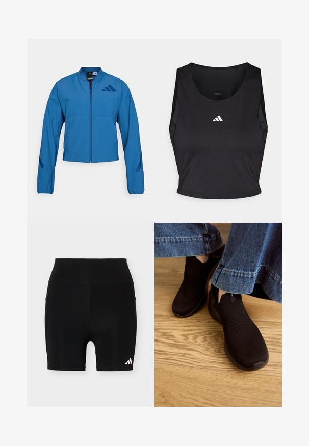 Modrá skrátená bunda so zipsom vpredu, stojacím golierom a elastickými manžetami. Má dve horizontálne vrecká a logo na hrudi.; Čierny športový crop top vyrobený z látky odvádzajúcej vlhkosť, s okrúhlym výstrihom, bez rukávov a bielym logom na hrudníku.; Čierne športové kraťasy s vysokým pásom, s malým bielym logom Adidas na spodnej ľavej nohe a bočnými vreckami na jednofarebnom pozadí.; Čierne slip-on topánky s textúrovaným pleteným zvrškom a elastickým otvorom. Zaoblený tvar špičky a nízkoprofilová polstrovaná podrážka, nosené s deninovými nohavicami.