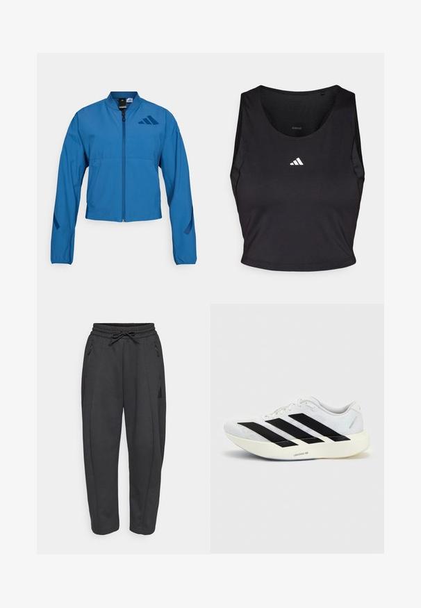 Modrá skrátená bunda so zipsom vpredu, stojacím golierom a elastickými manžetami. Má dve horizontálne vrecká a logo na hrudi.; Čierny športový crop top vyrobený z látky odvádzajúcej vlhkosť, s okrúhlym výstrihom, bez rukávov a bielym logom na hrudníku.; Čierne športové nohavice s elastickým pásom, sťahovacou šnúrkou, bočnými zipsovými vreckami a zúženými nohavicami. Vyrobené z mäkkej, textúrovanej látky.; Biela bežecká topánka s čiernym dizajnom so tromi pruhmi na boku a hrubou bielou podrážkou označenou "Lightstrike Pro" na jednofarebnom pozadí.