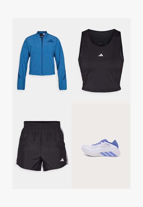 Veste courte bleue avec fermeture éclair à l'avant, col montant et poignets élastiqués. Comprend deux poches horizontales et un logo sur la poitrine.; Crop top de sport noir en tissu évacuant l'humidité, avec un col rond, sans manches, et logo blanc sur la poitrine.; Shorts de sport noirs avec une taille élastique, fentes latérales et accents à trois bandes blanches. Présente un petit logo blanc en bas à droite.; Chaussure de sport blanche et bleue avec semelle épaisse, panneaux en mesh et trois bandes bleues sur le côté, vue de profil sur un fond uni.
