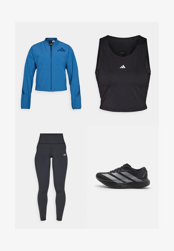 Modrá skrátená bunda so zipsom vpredu, stojacím golierom a elastickými manžetami. Má dve horizontálne vrecká a logo na hrudi.; Čierny športový crop top vyrobený z látky odvádzajúcej vlhkosť, s okrúhlym výstrihom, bez rukávov a bielym logom na hrudníku.; Čierne vysoké športové legíny s priliehavým strihom, hladkou textúrou a malým bielym logom na ľavom boku.; Čierne bežecké topánky so striebornými pruhmi, s hrubou polstrovanou podrážkou označenou "Lightstrike Pro," bočný pohľad na bielom pozadí.