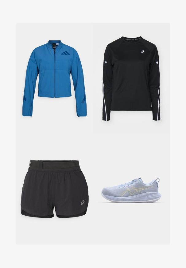 Blaue kurze Jacke mit durchgehendem Reißverschluss, Stehkragen und elastischen Bündchen. Verfügt über zwei horizontale Taschen und ein Logoakzent auf der Brust.; Schwarzes langärmliges Sportshirt mit Raglanärmeln, weißen reflektierenden Streifen an den Seiten und einem runden Ausschnitt. Mit kleinem Logo auf der Brust.; Schwarze Laufshorts mit einem Mesh-Bund, die eine glatte Textur, eine kurze Länge und ein kleines Logo auf der unteren rechten Seite aufweisen.; Helleblaue Sportchuhe mit einem strukturierten Obermaterial, weißer Sohle und goldenen Akzentstreifen. Zu den Merkmalen gehören Schnürsenkel und eine Zuglasche an der Rückseite.