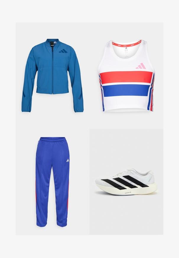 Blauwe korte jas met ritssluiting aan de voorkant, opstaande kraag en elastische manchetten. Heeft twee horizontale zakken en een logo-accent op de borst.; Korte atletische tanktop in het wit met rode en blauwe horizontale strepen. Voorzien van het roze adidas-logo, een ronde halslijn en een soepele stofstructuur.; Blauwe sportbroek met rode zijstrepen, elastische tailleband en een klein wit logo op de bovenste linkerkant van de broek. Glad, lichtgewicht materiaal.; Witte hardloopschoen met zwart drie-strepen ontwerp aan de zijkant en dikke witte zool met label "Lightstrike Pro" op een effen achtergrond.