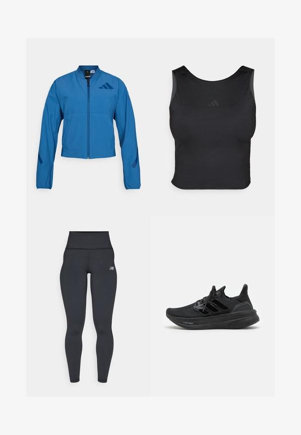 Chaqueta azul corta con cierre frontal de cremallera, cuello alto y puños elásticos. Cuenta con dos bolsillos horizontales y un logo en el pecho.; adidas Performance MOTION - Top - black; Leggings atléticos negros de cintura alta con un diseño ajustado, textura suave y un pequeño logo blanco en la cadera izquierda.; Zapatillas deportivas negras con parte superior de tejido transpirable, diseño texturizado, las tres franjas características y una suela gruesa y acolchada etiquetada como "LIGHT BOOST".