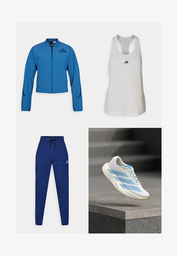 Blaue kurze Jacke mit durchgehendem Reißverschluss, Stehkragen und elastischen Bündchen. Verfügt über zwei horizontale Taschen und ein Logoakzent auf der Brust.; Weißes Sport-Top aus leichtem Stoff mit Racerback-Design und kleinem schwarzem Logo auf der Brust.; Blaue Baumwoll-Jogginghosen mit elastischem Bund, verstellbarem schwarzen Kordelzug und einem kleinen weißen Logo am linken Oberschenkel. Figurbetonter Schnitt.; Weißer Sportschuh mit hellblauen Streifen und Schnürsenkeln, der über einer grauen Betonoberfläche schwebt, mit Stufen im Hintergrund.