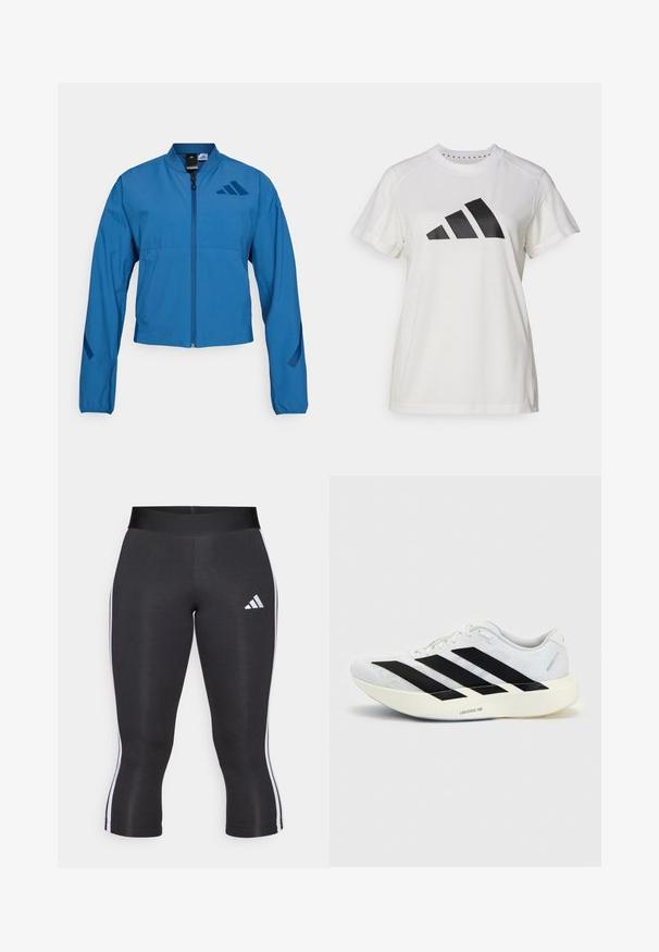 Chaqueta azul corta con cierre frontal de cremallera, cuello alto y puños elásticos. Cuenta con dos bolsillos horizontales y un logo en el pecho.; Camiseta atlética blanca de tejido suave. Presenta mangas cortas y un gran logotipo negro de Adidas con tres rayas debajo.; Leggings capri negros con una cinturilla ancha, que cuentan con franjas laterales blancas y un logo de Adidas en blanco en el muslo izquierdo. Textura suave.; Zapatilla de running blanca con diseño negro de tres franjas en el lateral y suela blanca gruesa con la etiqueta "Lightstrike Pro" sobre fondo liso.