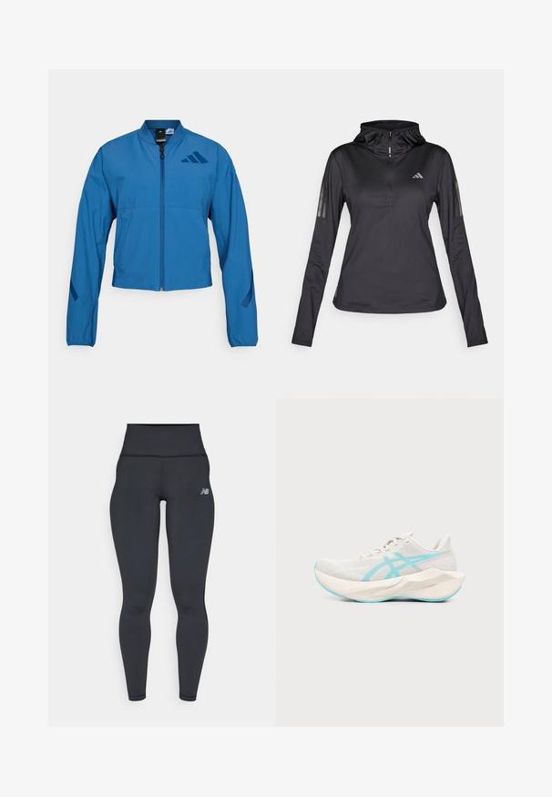 Blauwe korte jas met ritssluiting aan de voorkant, opstaande kraag en elastische manchetten. Heeft twee horizontale zakken en een logo-accent op de borst.; Zwarte lange mouwen sport hoodie met kwartrits, textuurstof, verstelbare capuchon en reflecterende strepen op de mouwen. Heeft logo op de borst.; Zwarte high-waisted sportlegging met een getailleerd ontwerp, een soepele textuur en een klein wit logo op de linkse heup.; Lichtbeige hardloopschoen met dikke geometrische zool en lichtblauwe accentlijnen en buitenzool, zijaanzicht tegen een witte achtergrond.