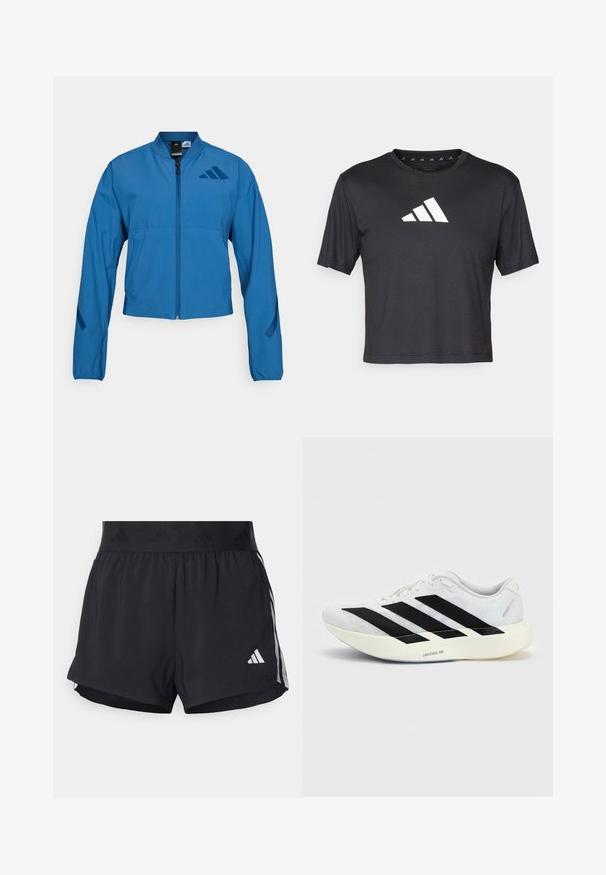 Blå cropped jakke med lynlås foran, stående krave og elastiske manchetter. Har to horisontale lommer og et logo-accent på brystet.; Sort cropped t-shirt lavet af glat stof, prydet med et hvidt Adidas-logo på brystet, rund halsudskæring og korte ærmer.; Sorte sport shorts med elastisk talje, der har et tekstureret bånd, sidestreger og et hvidt Adidas-logo på den nederste kant.; Hvid løbesko med sort tre-stribet design på siden og tyk hvid sål mærket "Lightstrike Pro" på ensfarvet baggrund.