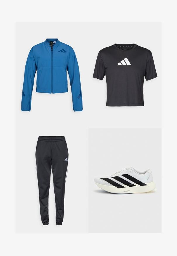 Veste courte bleue avec fermeture éclair à l'avant, col montant et poignets élastiqués. Comprend deux poches horizontales et un logo sur la poitrine.; T-shirt noir court en tissu lisse, avec un logo Adidas blanc sur la poitrine, un col rond et des manches courtes.; Pantalons de sport noirs avec une taille élastique, des jambes effilées et des bandes latérales blanches. Présente un petit logo gris en forme de trèfle sur la cuisse gauche.; Chaussure de running blanche avec motif trois bandes noires sur le côté et semelle blanche épaisse étiquetée "Lightstrike Pro" sur fond uni.