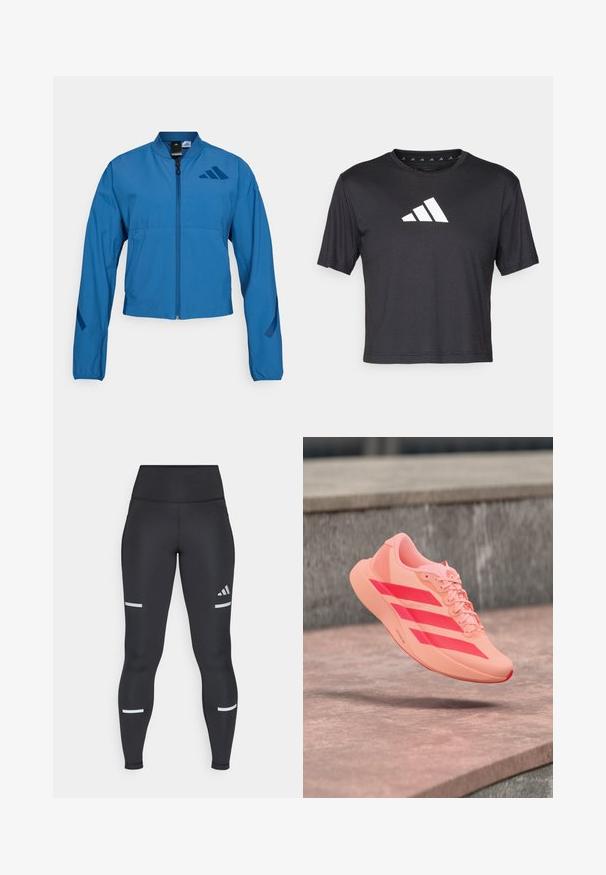 Blå cropped jakke med lynlås foran, stående krave og elastiske manchetter. Har to horisontale lommer og et logo-accent på brystet.; Sort cropped t-shirt lavet af glat stof, prydet med et hvidt Adidas-logo på brystet, rund halsudskæring og korte ærmer.; Sorte leggings med høj talje, lavet af glat materiale. Har hvide reflekterende striber nær knæene og et Adidas-logo.; Lyse koral athletic sko med klare røde striber og snørebånd, der svæver over stenetrin i en udendørs omgivelser.