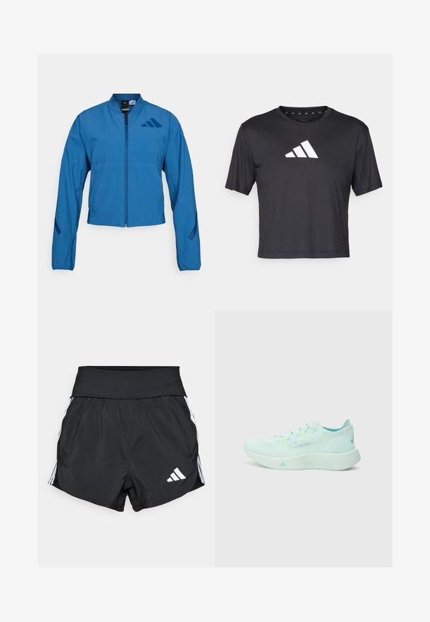Blå cropped jakke med lynlås foran, stående krave og elastiske manchetter. Har to horisontale lommer og et logo-accent på brystet.; Sort cropped t-shirt lavet af glat stof, prydet med et hvidt Adidas-logo på brystet, rund halsudskæring og korte ærmer.; Sorte atletiske shorts lavet af letvægtsmateriale, med en bred talje, hvide sidelister og et lille hvidt logo nederst på sømmen.; Lyseblå løbesko med en mesh-overdel, struktureret sål og polstret krave. Har neonlysende detaljer og et strømlinet design.