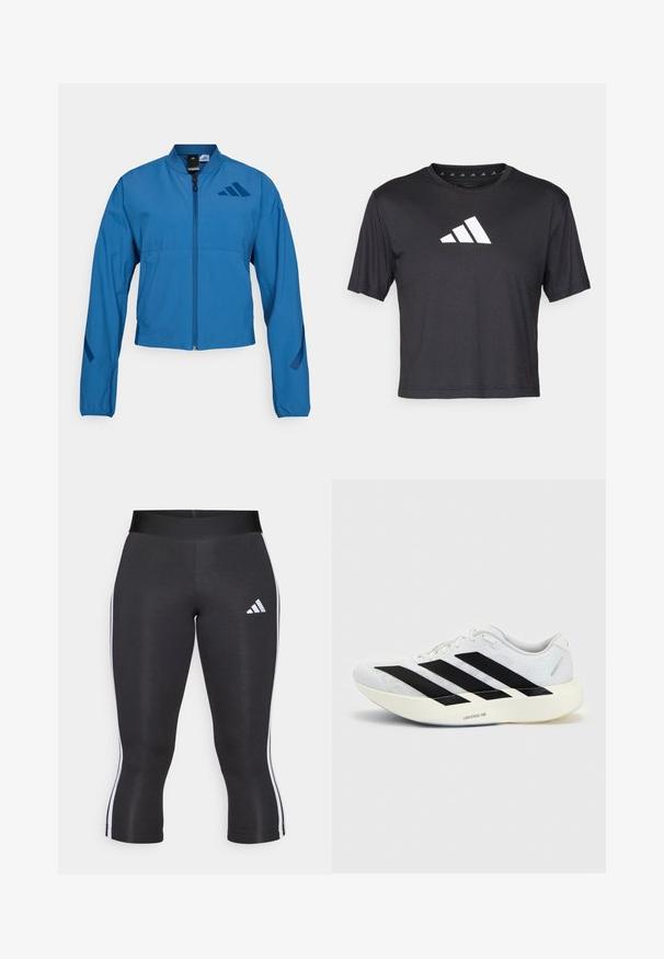 Blå cropped jakke med lynlås foran, stående krave og elastiske manchetter. Har to horisontale lommer og et logo-accent på brystet.; Sort cropped t-shirt lavet af glat stof, prydet med et hvidt Adidas-logo på brystet, rund halsudskæring og korte ærmer.; Sorte capri leggings med en bred talje, udstyret med hvide sideløsninger og et hvidt Adidas-logo på venstre lår. Glat tekstur.; Hvid løbesko med sort tre-stribet design på siden og tyk hvid sål mærket "Lightstrike Pro" på ensfarvet baggrund.