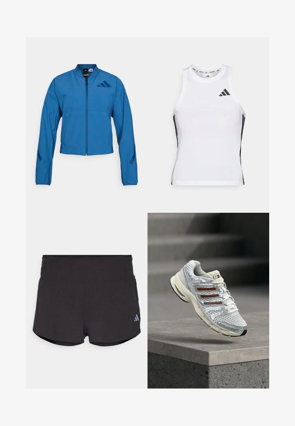 Blå cropped jakke med lynlås foran, stående krave og elastiske manchetter. Har to horisontale lommer og et logo-accent på brystet.; Hvid athletic tanktop med sorte sideaccentuer og logo. Har en scoop-neckline og tætsiddende design, lavet af letvægts, åndbart materiale.; Sorte træningsshorts med en tekstureret overflade, der har en bred elastisk talje og et Adidas-logo i lyseblå på nederste venstre side.; Hvid og sølv Adidas løbesko med brune striber svæver over en betonkant mod en sløret grå baggrund.