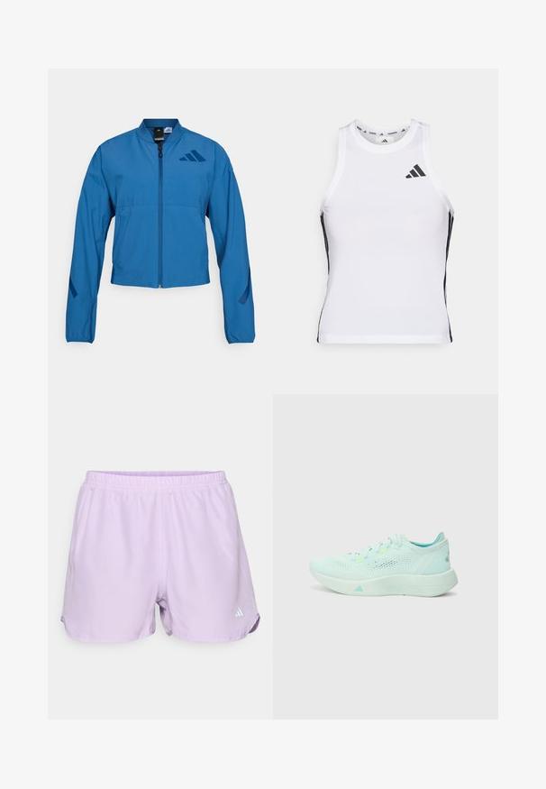 Blå cropped jakke med lynlås foran, stående krave og elastiske manchetter. Har to horisontale lommer og et logo-accent på brystet.; Hvid athletic tanktop med sorte sideaccentuer og logo. Har en scoop-neckline og tætsiddende design, lavet af letvægts, åndbart materiale.; Lavendel sportshorts med elastisk talje, fugtabsorberende materiale og et lille hvidt logo nederst til højre.; Lyseblå løbesko med en mesh-overdel, struktureret sål og polstret krave. Har neonlysende detaljer og et strømlinet design.