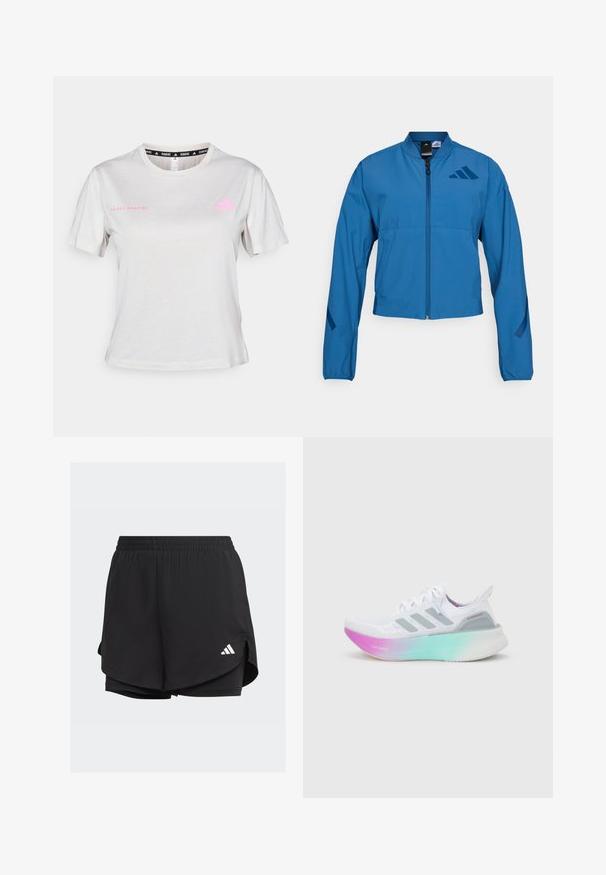 Blå cropped jakke med lynlås foran, stående krave og elastiske manchetter. Har to horisontale lommer og et logo-accent på brystet.; Lys grå T-shirt med korte ærmer, der har en rund hals, "ADIDAS RUNNING" trykt i pink, med pink Adidas-logo på brystet. Blød stoftekstur.; Sorte atletiske shorts med elastisk talje, lagdelt design, indvendige tætsiddende shorts og et hvidt logo på nederste venstre side.; Hvid Adidas løbesko med grå striber og en tyk sål, der går fra pink til grøn, med teksten "Lightboost" og "Ultraboost".