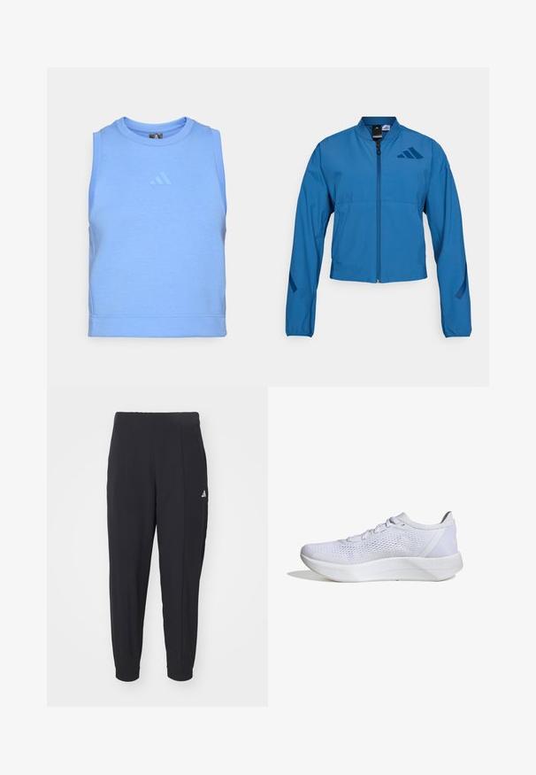 Blauwe korte jas met ritssluiting aan de voorkant, opstaande kraag en elastische manchetten. Heeft twee horizontale zakken en een logo-accent op de borst.; Blauw mouwloos sporttop gemaakt van zachte, rekbare stof. Heeft een ronde halslijn en een tonale logo aan de voorkant.; Zwarte sportbroek gemaakt van een gladde stof. Tapervormig ontwerp met elastische boorden. Voorzien van een klein wit logo op de linkerheup.; Witte sportieve schoen met een ademend mesh bovenwerk, vetersluiting, gevoerde kraag en een gestructureerde rubberen zool voor grip.