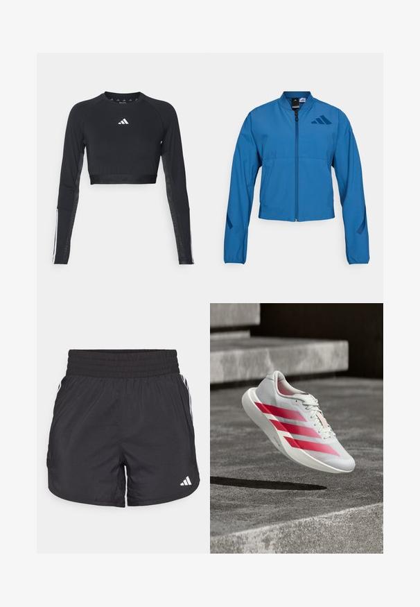 Blå cropped jakke med lynlås foran, stående krave og elastiske manchetter. Har to horisontale lommer og et logo-accent på brystet.; Sort cropped træningstop med lange ærmer lavet af glat stof. Har et hvidt logo på brystet og stribede detaljer på ærmerne.; Sorte atletiske shorts med elastisk talje, sidelommer og hvid stribeaccent på siderne. Fremstillet af letvægtsmateriale.; Hvid løbesko med tre markante røde striber, i luften over betontrin, der fremhæver letvægtsdesign og tekstureret sål.