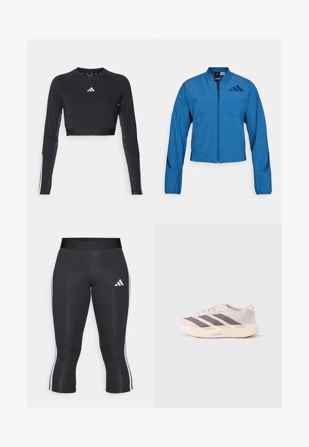 Veste courte bleue avec fermeture éclair à l'avant, col montant et poignets élastiqués. Comprend deux poches horizontales et un logo sur la poitrine.; Haut d'entraînement noir à manches longues et coupé, en tissu lisse. Présente un logo blanc sur la poitrine et des accents rayés sur les manches.; Leggings capri noirs avec une large taille, présentant des rayures blanches sur les côtés et un logo Adidas blanc sur la cuisse gauche. Texture lisse.; Baskets de sport légères en rose pâle et gris, avec une tige en mesh, trois bandes sombres et une semelle épaisse crème portant l'inscription "LIGHTSTRIKE PRO".