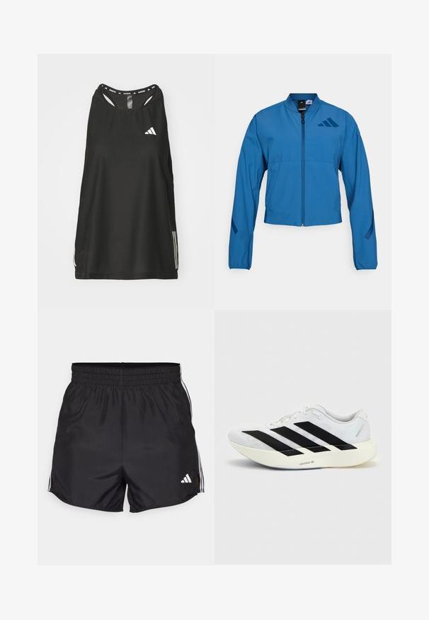 Blauwe korte jas met ritssluiting aan de voorkant, opstaande kraag en elastische manchetten. Heeft twee horizontale zakken en een logo-accent op de borst.; Zwarte mouwloze sporttop met een ronde halslijn. Bevat een wit logo en drie witte strepen aan de zijkanten; gemaakt van ademend materiaal.; Zwarte sportshorts met een elastische tailleband, zijsplitten en witte drievoudige strepenaccenten. Bevat een klein wit logo op de rechteronderkant.; Witte hardloopschoen met zwart drie-strepen ontwerp aan de zijkant en dikke witte zool met label "Lightstrike Pro" op een effen achtergrond.