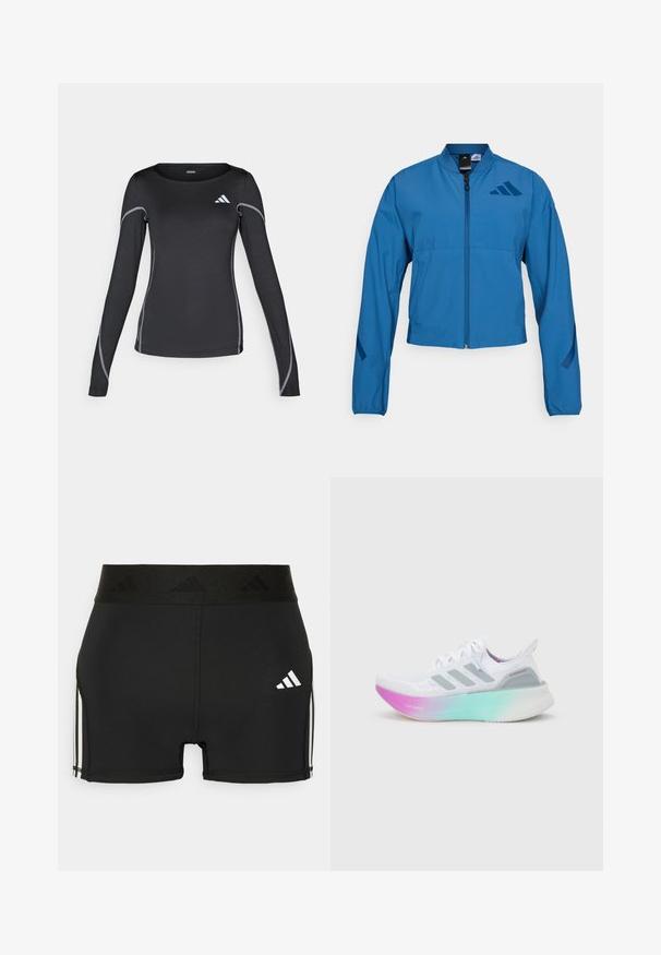 Blauwe korte jas met ritssluiting aan de voorkant, opstaande kraag en elastische manchetten. Heeft twee horizontale zakken en een logo-accent op de borst.; Zwarte lange mouwen sportshirt met een ronde halslijn en reflecterend zilveren stiksel. Bevat een klein wit logo op de bovenste linkerzijde.; Zwarte sportieve shorts gemaakt van rekbaar materiaal. Heeft een brede zwarte tailleband met reliëflogo en witte zijstrepen.; Witte Adidas hardloopschoen met grijze strepen en een dikke zool die overgaat van roze naar groen, met de tekst "Lightboost" en "Ultraboost".
