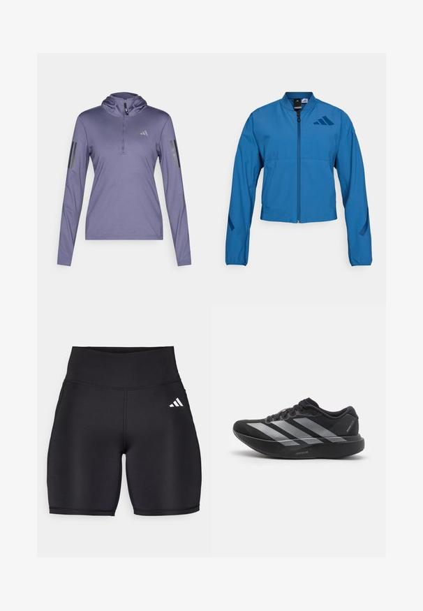 Veste courte bleue avec fermeture éclair à l'avant, col montant et poignets élastiqués. Comprend deux poches horizontales et un logo sur la poitrine.; Haut de sport long à manches violettes avec capuche, fermeture éclair quart et trois rayures noires verticales sur chaque manche. Réalisé en tissu texturé et respirant.; Shorts de sport noirs en tissu extensible, dotés d'une taille haute, d'une texture lisse et d'un logo à trois bandes blanches sur le côté.; Chaussure de course noire avec des rayures argentées, semelle épaisse rembourrée étiquetée "Lightstrike Pro," vue de côté sur fond blanc.