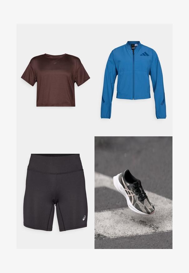 Blaue kurze Jacke mit durchgehendem Reißverschluss, Stehkragen und elastischen Bündchen. Verfügt über zwei horizontale Taschen und ein Logoakzent auf der Brust.; Kurze ärmels, cropped, brauner Sportoberteil aus glattem, leichtem Stoff mit einem subtilen Glanz und einem kleinen Logo auf der Brust.; Schwarze Sportshorts mit glatter Textur, figurbetontem Design und hohem Bund. Mit kontrastierenden Nähten und einem kleinen Logo am unteren Bein.; Schwarze und graue Laufschuhe mit einer strukturierten Oberseite, die ein Schnürdesign aufweisen und eine weiße Sohle haben. Mit reflektierenden Details akzentuiert.