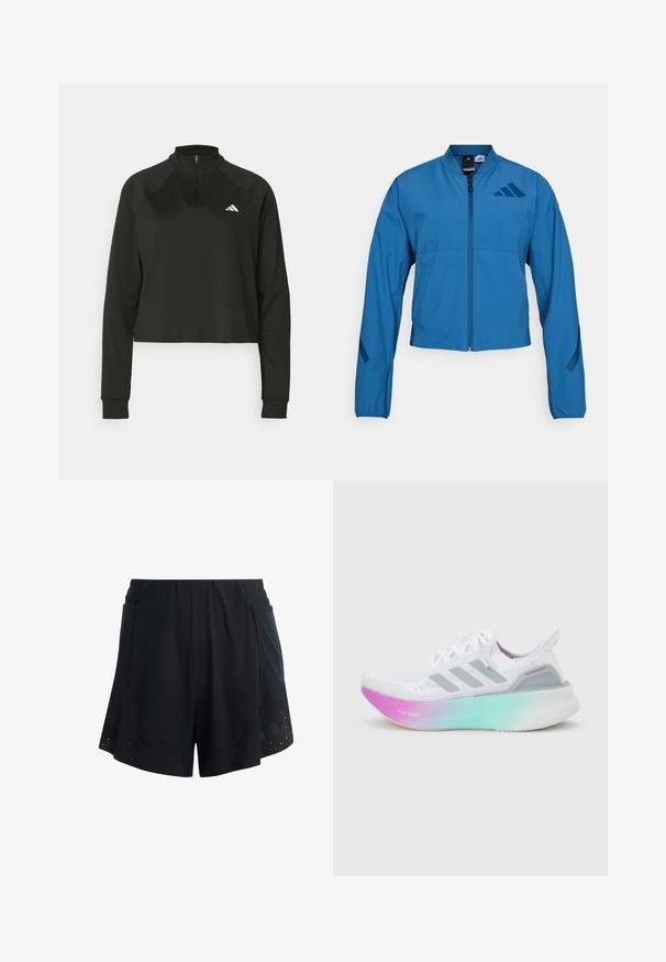Veste courte bleue avec fermeture éclair à l'avant, col montant et poignets élastiqués. Comprend deux poches horizontales et un logo sur la poitrine.; Pull-over noir à zip quart, en tissu lisse, avec des manches longues, présentant un col haut et un logo blanc sur la poitrine gauche.; Shorts de sport noirs avec un design perforé, une taille élastique, des poches latérales et une coupe légèrement évasée. Marque visible sur le côté.; Chaussure de course blanche Adidas avec semelle dégradée bleu clair et rose, trois bandes latérales grises et empeigne en tissu tricoté avec lacets.