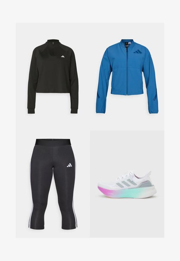 Veste courte bleue avec fermeture éclair à l'avant, col montant et poignets élastiqués. Comprend deux poches horizontales et un logo sur la poitrine.; Pull-over noir à zip quart, en tissu lisse, avec des manches longues, présentant un col haut et un logo blanc sur la poitrine gauche.; Leggings capri noirs avec une large taille, présentant des rayures blanches sur les côtés et un logo Adidas blanc sur la cuisse gauche. Texture lisse.; Chaussure de course blanche Adidas avec semelle dégradée bleu clair et rose, trois bandes latérales grises et empeigne en tissu tricoté avec lacets.