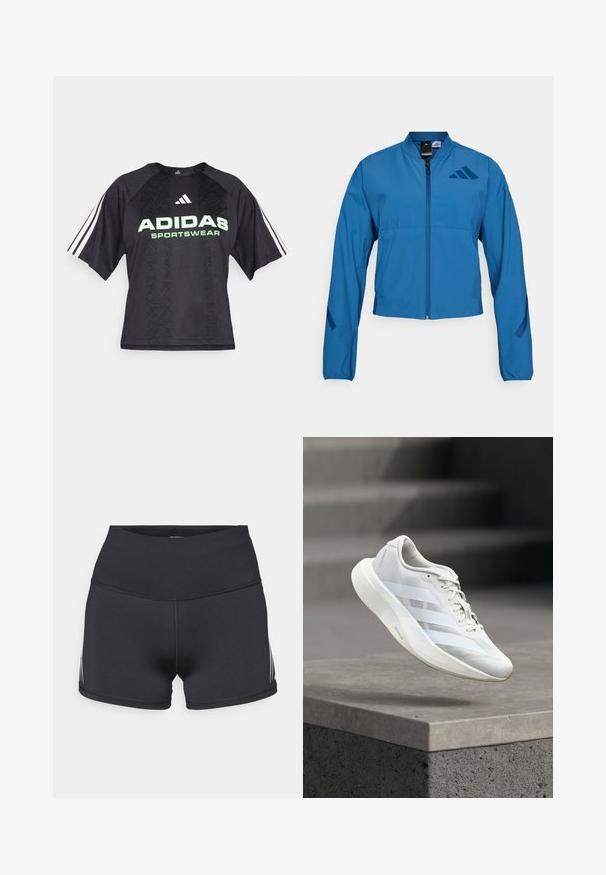 Blaue kurze Jacke mit durchgehendem Reißverschluss, Stehkragen und elastischen Bündchen. Verfügt über zwei horizontale Taschen und ein Logoakzent auf der Brust.; Schwarzes Sportshirt mit einem strukturierten Muster, ausgestattet mit einem grünen "ADIDAS SPORTSWEAR"-Logo und drei weißen Streifen an jedem Ärmel.; Schwarze Sportshorts mit hohem Bund, aus elastischem Stoff. Mit weißen Seitenstreifen und Flatlock-Nähten für zusätzlichen Komfort.; Weißer Sportschuh mit strukturiertem Obermaterial, drei seitlichen Streifen, gepolsterter Sohle und abgerundetem Zehenbereich, positioniert über einer Betonfläche.