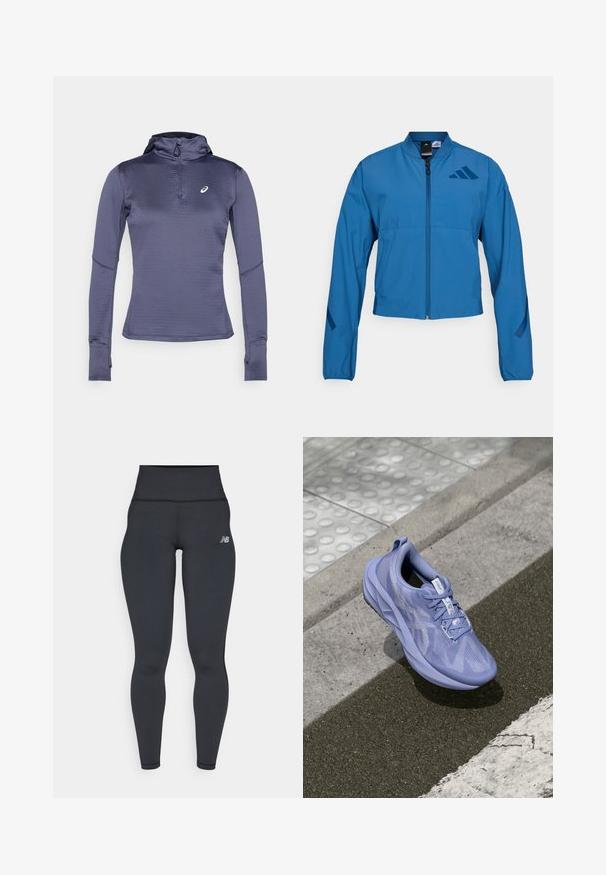 Veste courte bleue avec fermeture éclair à l'avant, col montant et poignets élastiqués. Comprend deux poches horizontales et un logo sur la poitrine.; T-shirt de sport à manches longues en bleu foncé, avec un col zippé, une capuche et des ouvertures pour les pouces. Tissu texturé avec un motif géométrique. Logo sur la poitrine.; Leggings de sport noirs taille haute avec un design ajusté, texture lisse et un petit logo blanc sur la hanche gauche.; Chaussure de sport mauve clair avec une tige texturée, un design à lacets et une semelle rembourrée, positionnée sur une surface en béton près d'un passage piéton.