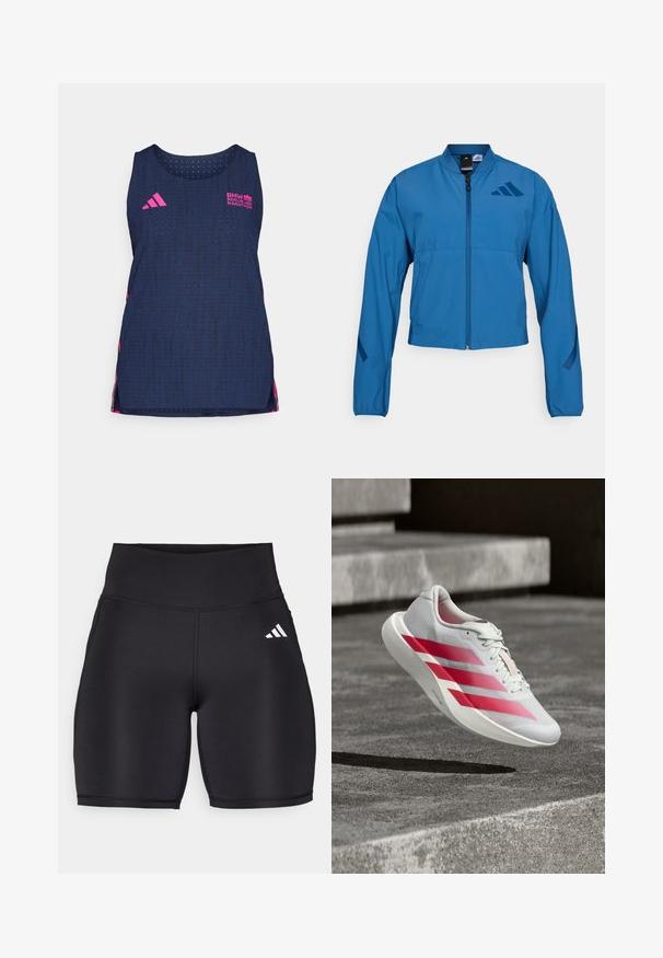 Veste courte bleue avec fermeture éclair à l'avant, col montant et poignets élastiqués. Comprend deux poches horizontales et un logo sur la poitrine.; adidas Performance BER25 TANK - Débardeur - collegiate navy; Shorts de sport noirs en tissu extensible, dotés d'une taille haute, d'une texture lisse et d'un logo à trois bandes blanches sur le côté.; Chaussure de course blanche avec trois bandes rouges audacieuses, en plein vol au-dessus d'escaliers en béton, mettant en valeur un design léger et une semelle texturée.