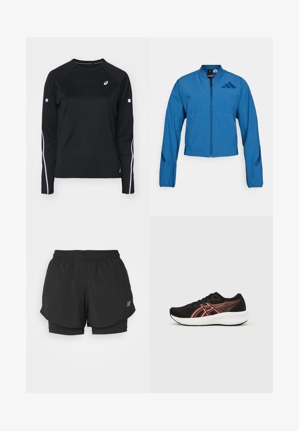 Veste courte bleue avec fermeture éclair à l'avant, col montant et poignets élastiqués. Comprend deux poches horizontales et un logo sur la poitrine.; T-shirt de sport noir à manches longues avec des manches raglan, bandes réfléchissantes blanches sur les côtés et col rond. Présente un petit logo sur la poitrine.; Shorts de sport noirs avec une taille élastique, présentant un design superposé et une doublure intérieure. Le tissu semble léger et lisse.; Chaussure de sport noire légère avec tige en mesh, accents rouges contrastants, bout arrondi et semelle blanche amortie. Nom du modèle : Patriot 14.