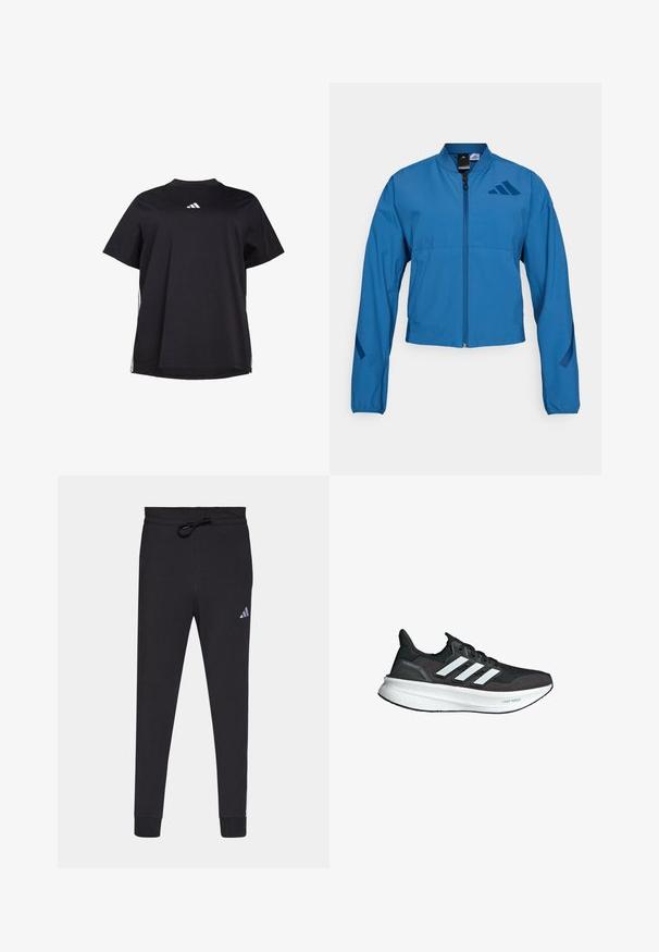 Blaue kurze Jacke mit durchgehendem Reißverschluss, Stehkragen und elastischen Bündchen. Verfügt über zwei horizontale Taschen und ein Logoakzent auf der Brust.; Schwarzes T-Shirt mit kurzen Ärmeln aus weichem Stoff, ausgestattet mit einem weißen horizontalen Akzent an den Seiten und einem weißen Logo auf der Brust.; Schwarze Sporthose aus weichem Stoff, mit einem Kordelzugbund, schmal zulaufenden Beinen und einem kleinen weißen Adidas-Logo am linken Oberschenkel.; Schwarzer Sportschuh mit strukturiertem Obermaterial, drei weißen Streifen und einer dicken weißen Zwischensohle mit der Aufschrift "LIGHT BOOST". Gerundete Zehenpartie und gepolsterte Sohle.