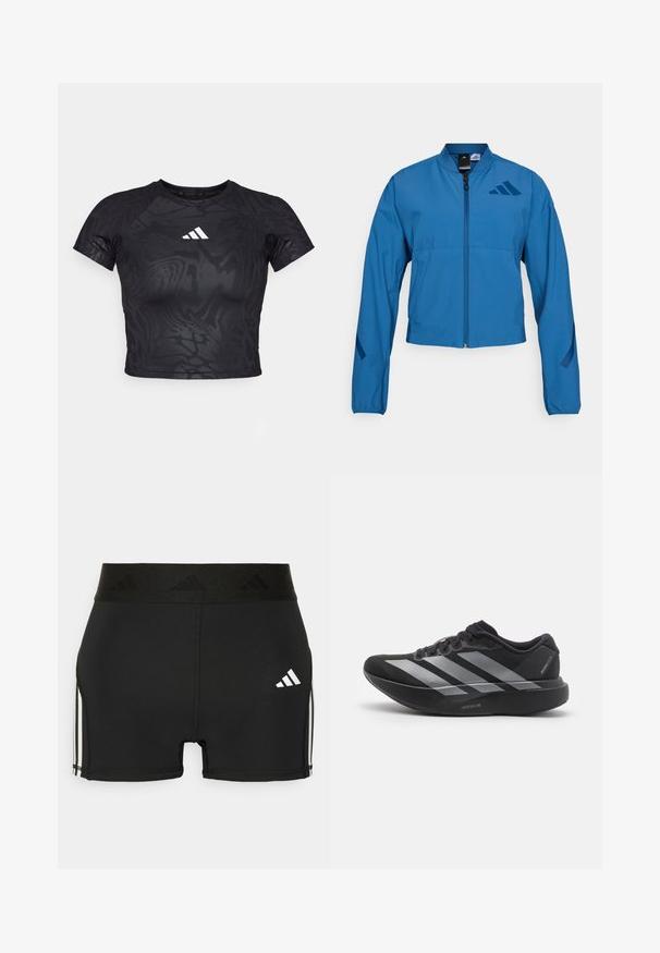 Blå cropped jakke med lynlås foran, stående krave og elastiske manchetter. Har to horisontale lommer og et logo-accent på brystet.; Sort cropped atletisk t-shirt med et struktureret mønster, korte ærmer og et hvidt logo på brystet. Materialet ser glat og fleksibelt ud.; Sorte atletiske shorts lavet af strækbart materiale. Har en bred sort talje med præget logo og hvide sidestriber.; Sort løbesko med sølvstriber, tyk polstret sål mærket "Lightstrike Pro," set fra siden på hvid baggrund.