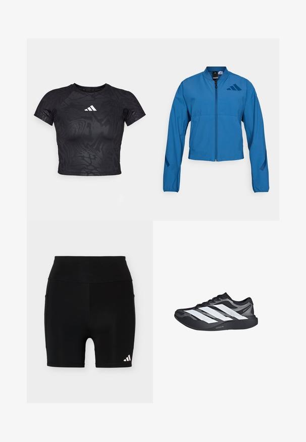 Blå cropped jakke med lynlås foran, stående krave og elastiske manchetter. Har to horisontale lommer og et logo-accent på brystet.; Sort cropped atletisk t-shirt med et struktureret mønster, korte ærmer og et hvidt logo på brystet. Materialet ser glat og fleksibelt ud.; Sort højtaljet sportsshorts med en lille hvid Adidas-logo på nederste venstre ben og sidelommer på en ensfarvet baggrund.; Sort og grå løbesko med tre store hvide striber på siden og tyk sort sål mærket "Lightstrike Pro."