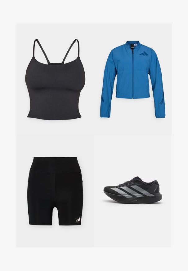 Blaue kurze Jacke mit durchgehendem Reißverschluss, Stehkragen und elastischen Bündchen. Verfügt über zwei horizontale Taschen und ein Logoakzent auf der Brust.; Schwarzes, tailliertes Top aus glattem Stoff, mit dünnen Trägern und rundem Halsausschnitt, ohne zusätzliche Muster oder Akzente.; Schwarze, hoch taillierte Sportshorts mit kleinem weißem Adidas-Logo am unteren linken Bein und seitlichen Taschen auf einfarbigem Hintergrund.; Schwarzer Laufschuh mit silbernen Streifen, dicke gepolsterte Sohle beschriftet "Lightstrike Pro", Seitenansicht auf weißem Hintergrund.