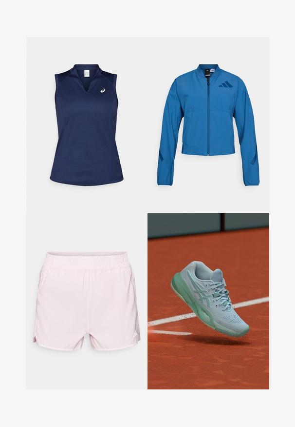 Blaue kurze Jacke mit durchgehendem Reißverschluss, Stehkragen und elastischen Bündchen. Verfügt über zwei horizontale Taschen und ein Logoakzent auf der Brust.; Marinefarbendes ärmelloses Sporttop mit V-Ausschnitt, aus glattem, feuchtigkeitsableitendem Material; mit flachen Nähten und einem kleinen Logo auf der linken Brust.; Rosa Sportshorts mit einem elastischen Bund, leichtem Stoff, seitlichen Schlitzen und einem kleinen weißen Logo auf der unteren rechten Seite.; Hellblauer Tennisschuh wirbelt Tonstaub auf einem orangefarbenen Tennisplatz nahe einer weißen Begrenzungslinie auf.