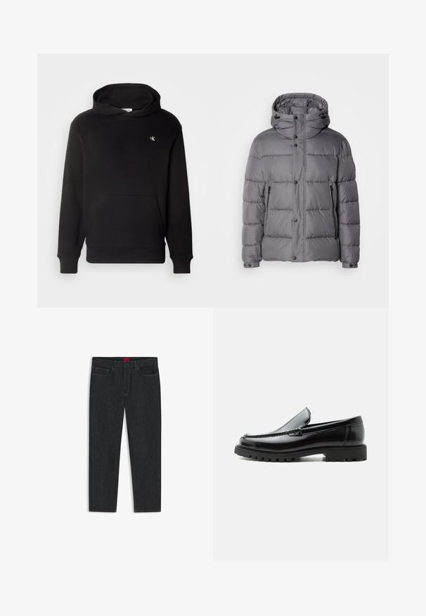 Chaqueta acolchada gris con capucha, cierre de botones a presión y bolsillos con cremallera laterales. Presenta un diseño acolchado y una textura de tela suave y brillante.; Sudadera negra con un bolsillo canguro, puños y dobladillo acanalados. Presenta un pequeño logo bordado en el pecho. Textura de tela suave.; Vaqueros de mezclilla lavada en oscuro con corte de pierna recta, que presentan una etiqueta de marca roja en la cintura y un detalle mínimo de costuras.; Mocasín de cuero negro con suela de goma gruesa, empeine cosido y nombre de la marca en relieve en el talón, mostrado en perfil lateral sobre fondo blanco.
